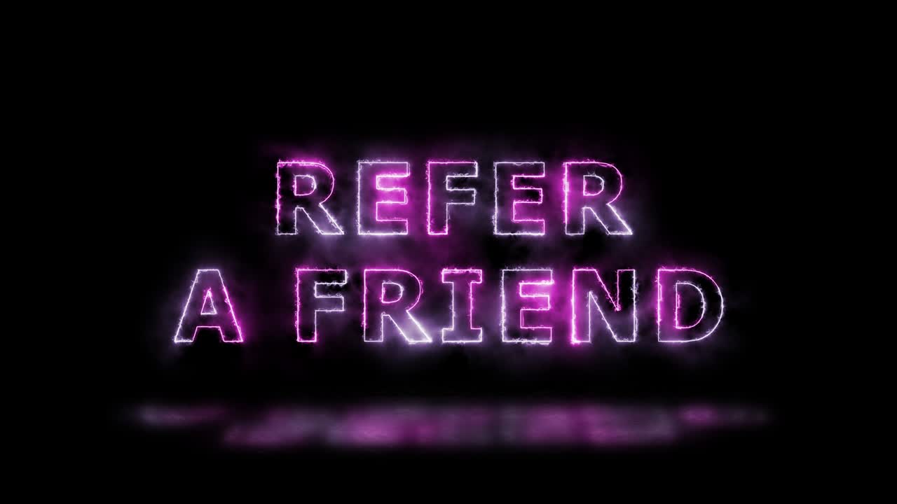 'REFER A FRIEND' violet and pink energy border lines title animation with reflection on a floor. Simple seamless loop animated text. 4k typography motion graphic