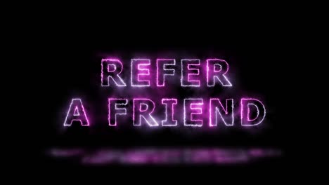 'refer a friend' violet and pink energy border lines title animation with reflection on a floor. simple seamless loop animated text. 4k typography motion graphic