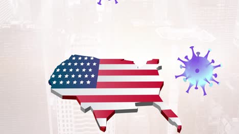 Animation-of-coronavirus-cells-over-usa-map-coloured-with-american-flag-on-cityscape-background