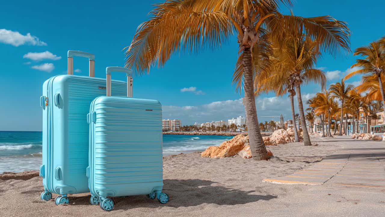 Una scena luminosa di una spiaggia tropicale con bagagli blu in primo piano, circondata da splendide palme e una vista mozzafiato sull'oceano