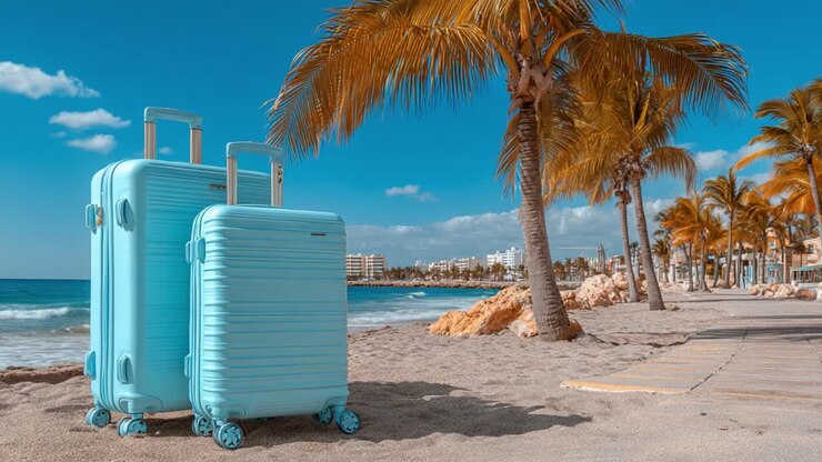 Una scena luminosa di una spiaggia tropicale con bagagli blu in primo piano, circondata da splendide palme e una vista mozzafiato sull'oceano