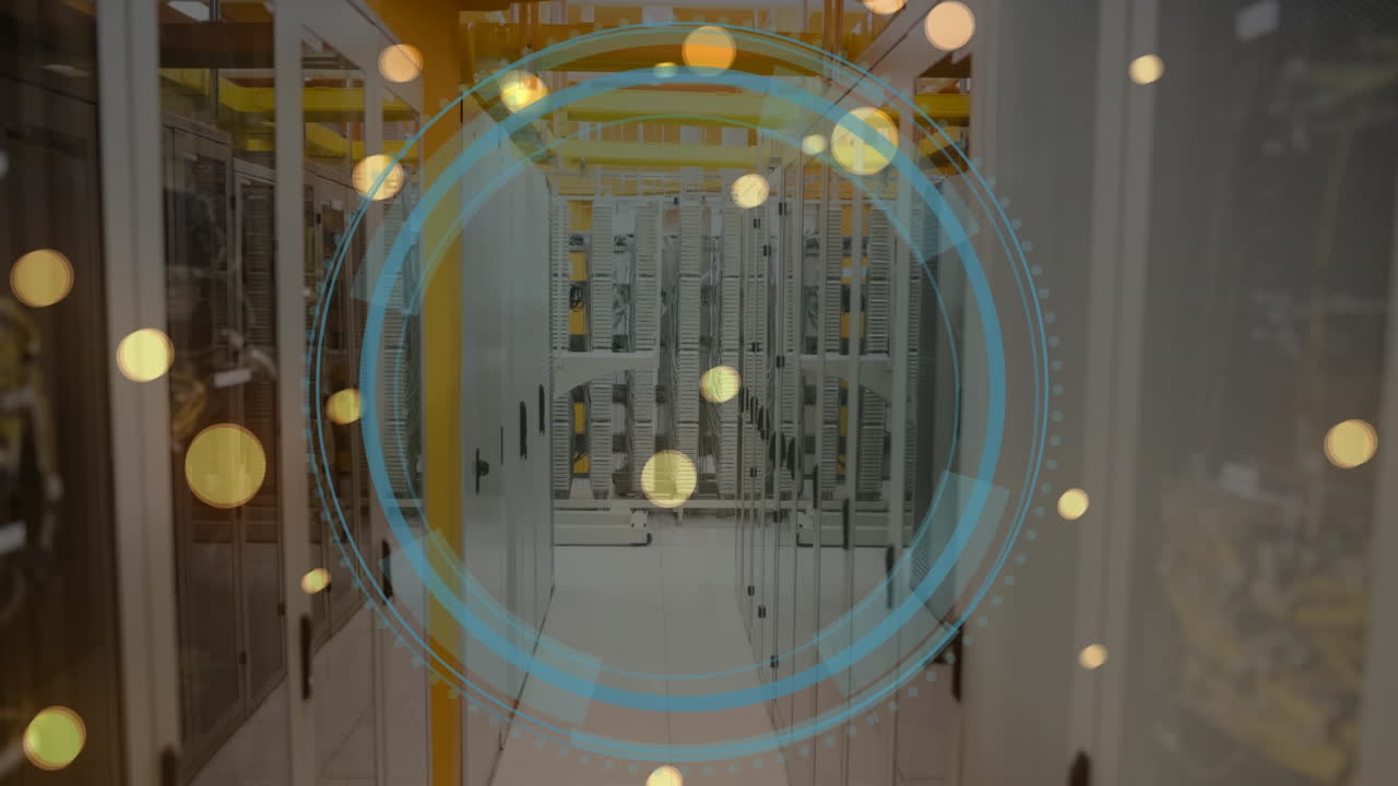 데이터 서버 방 위에 떨어지는 렌즈 플레어와 로딩 서클의 애니메이션