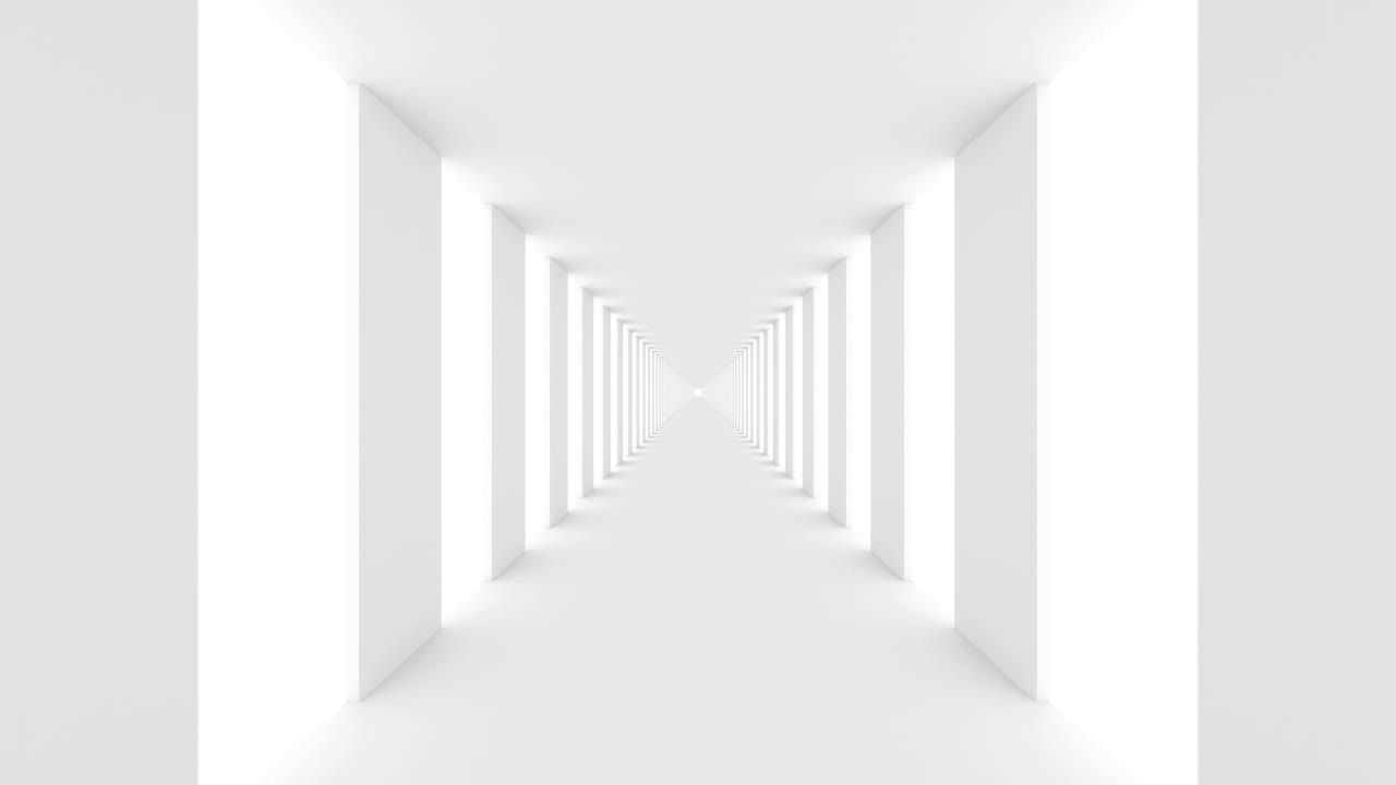 Futuristic empty white corridor with rectangular walls and bright light