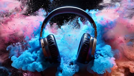 a pair of headphones is shown in a colorful explosion of confetti. the headphones are surrounded by a cloud of red, blue, and purple confetti, creating a festive and energetic atmosphere