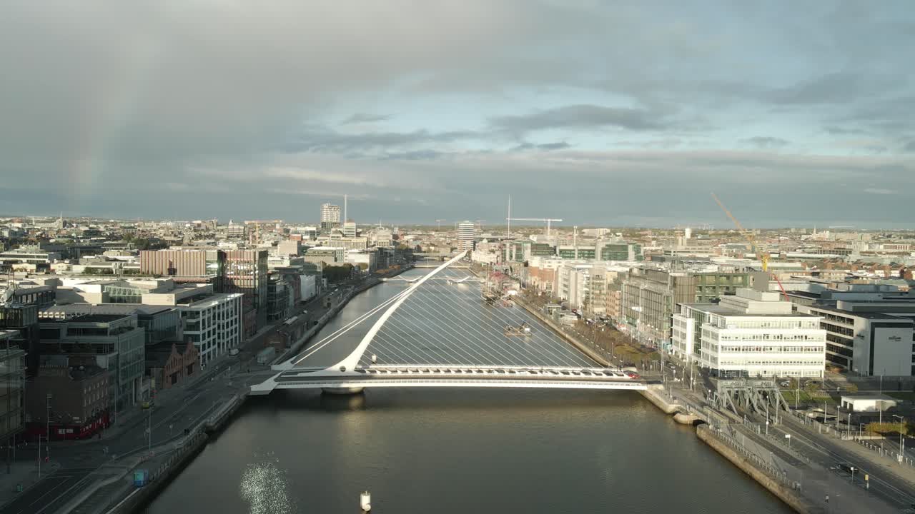 Modern cityscape with Samuel Beckett Bridge over the River Liffey in Dublin, Ireland