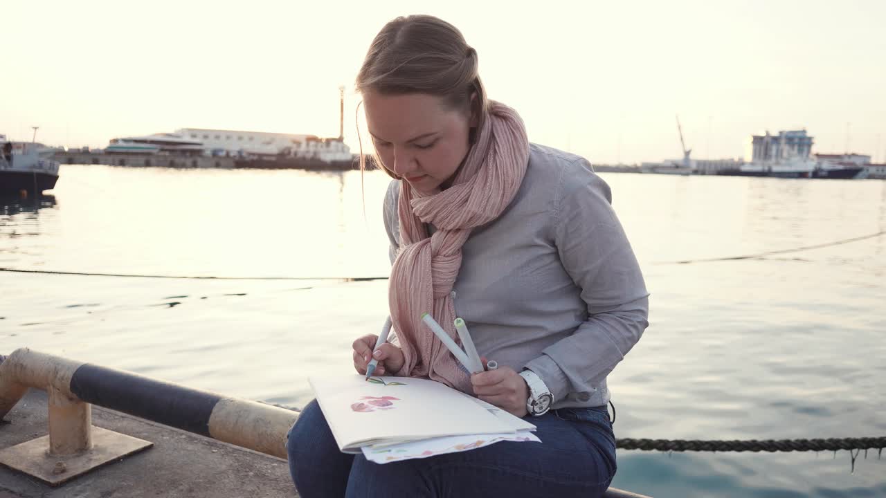 Woman drawing at a waterfront port