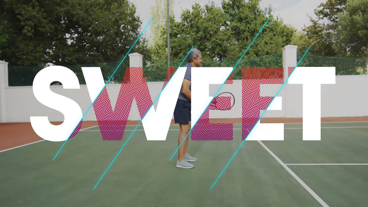 senior man swinging racket on outdoor tennis court, showing fitness with SWEET graphic overlay