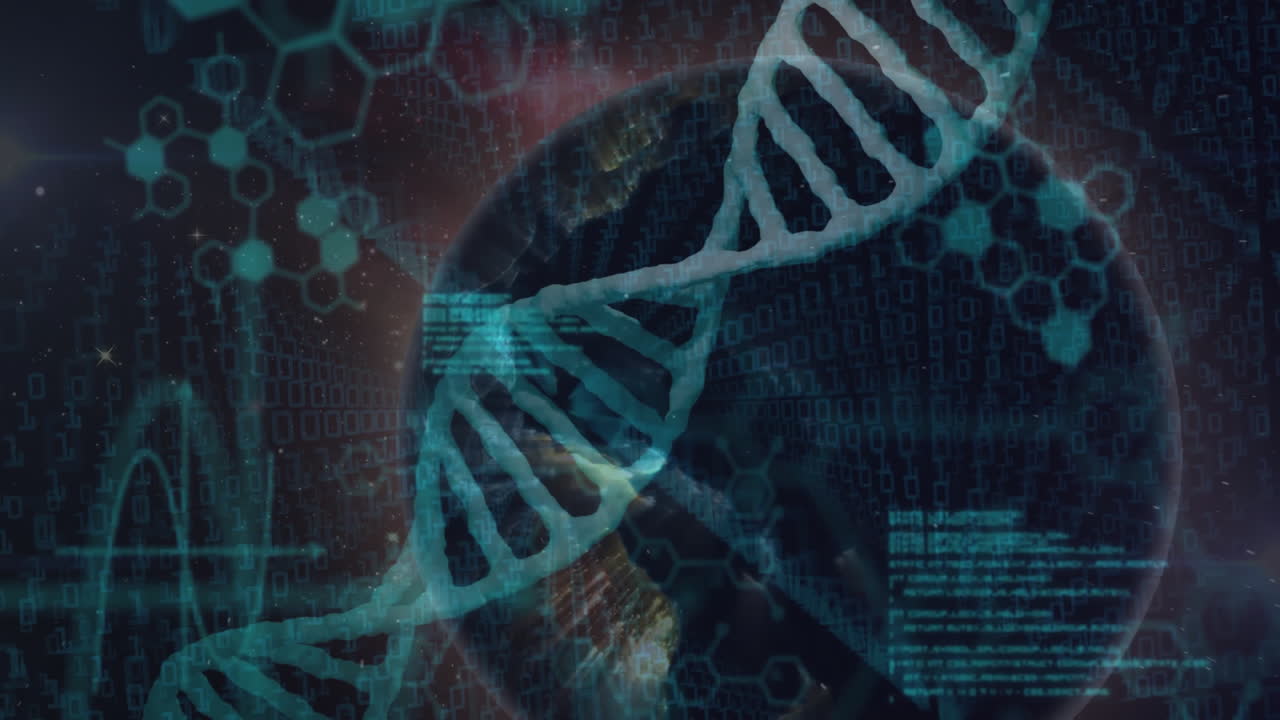 DNA strand with binary coding, processing scientific data in animation