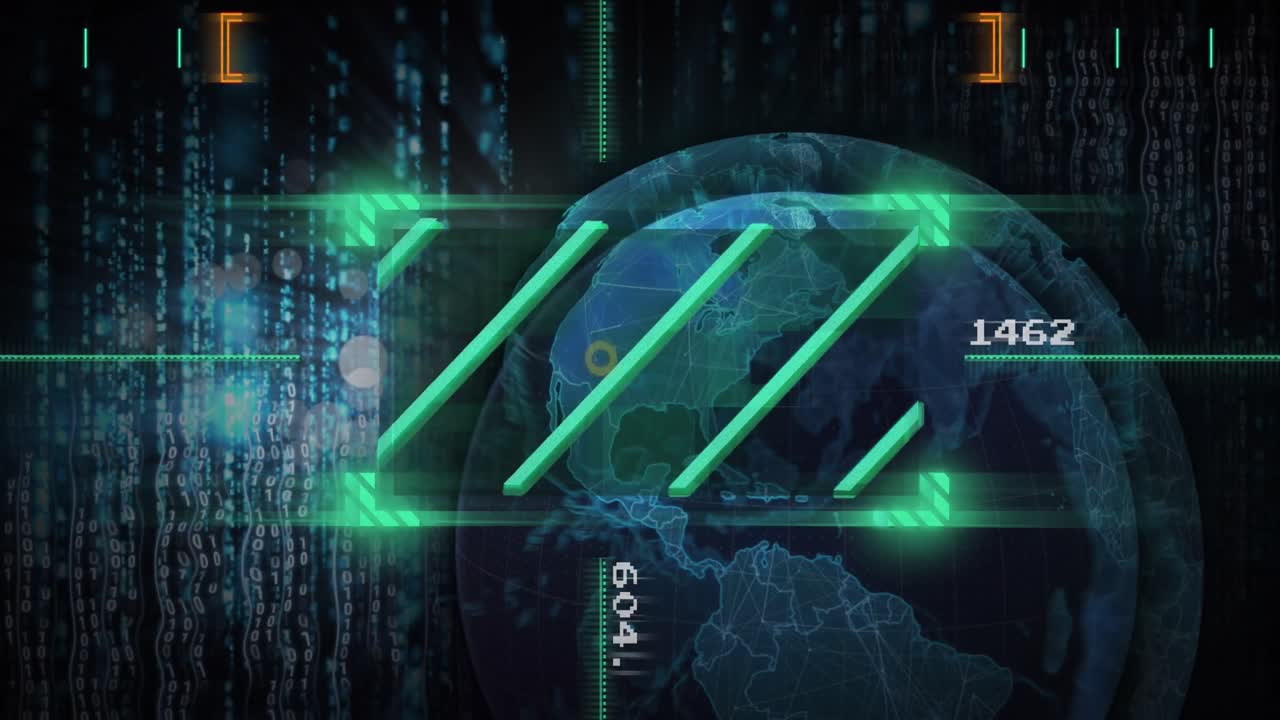 Animation of lines in viewfinder, changing numbers, computer language, globe over black background