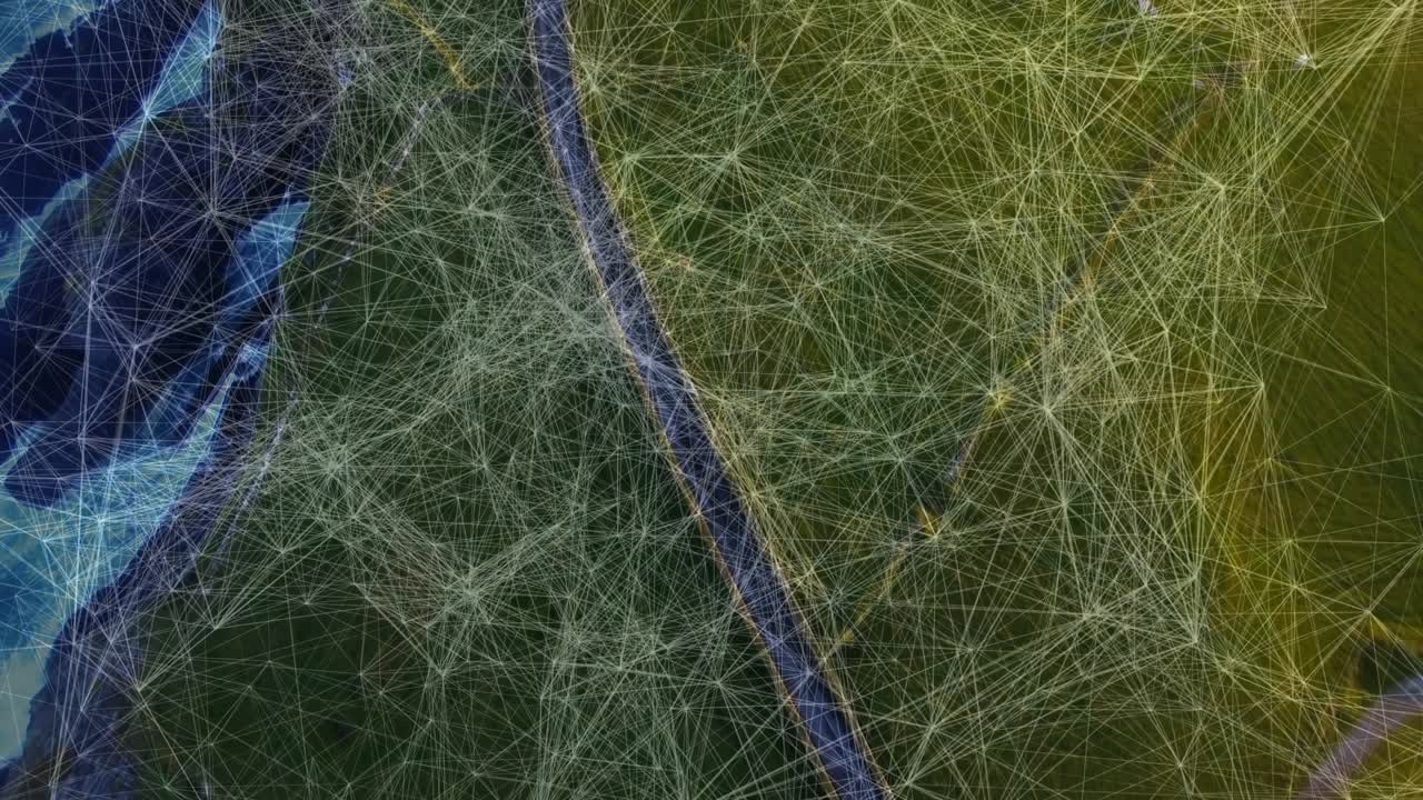 Network mesh shifting from coast to hills settling at winding road for data flow