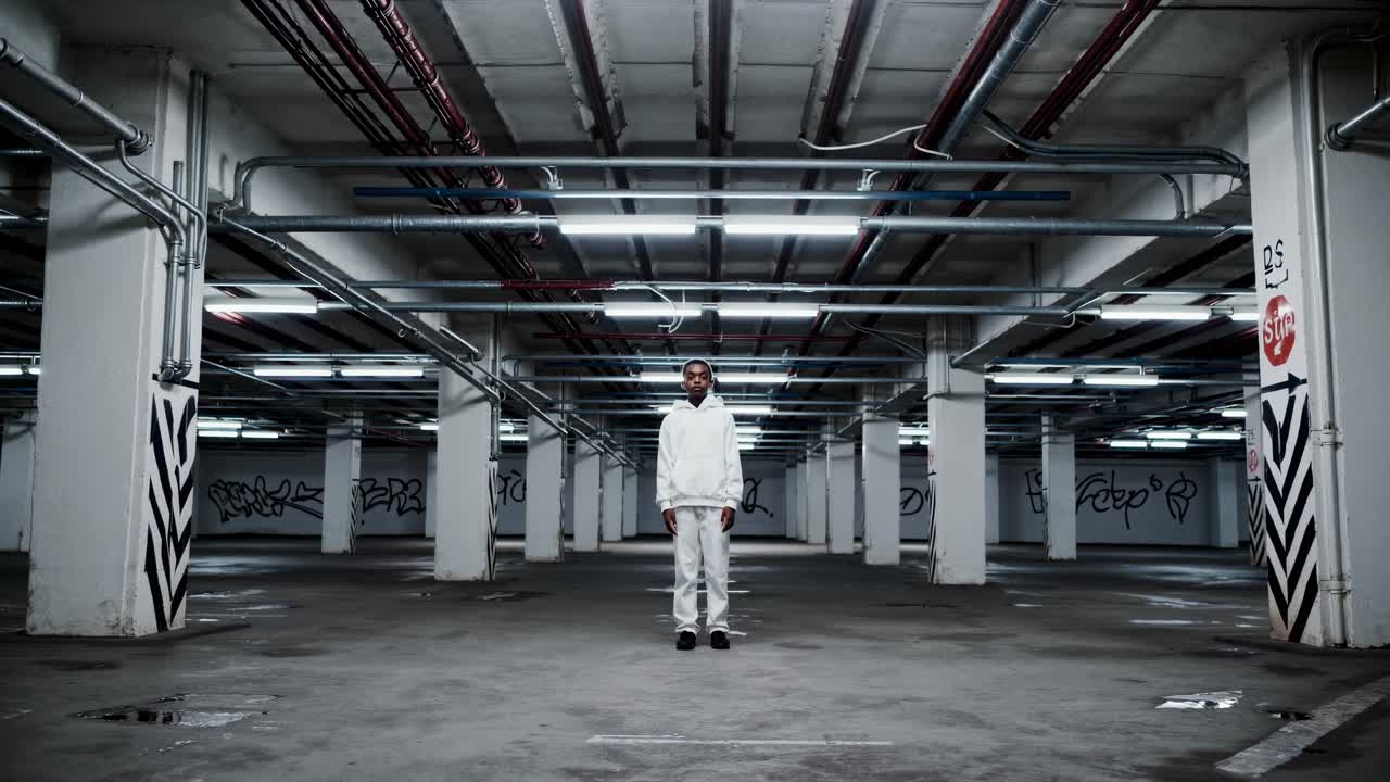 Young man is standing alone in the center of a deserted, dimly lit parking garage, wearing a white tracksuit, creating a striking contrast against the gray concrete and graffiti covered pillars