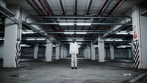 young man is standing alone in the center of a deserted, dimly lit parking garage, wearing a white tracksuit, creating a striking contrast against the gray concrete and graffiti covered pillars