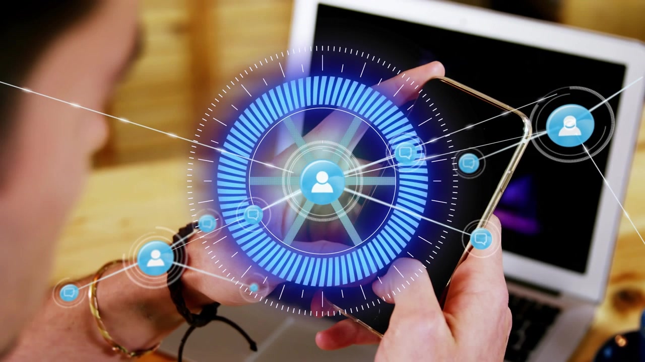 Animation of connections and processing circle over hands of caucasian woman using smartphone