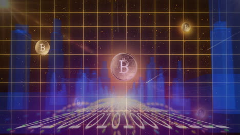 bitcoin symbols over grid lines against 3d city model