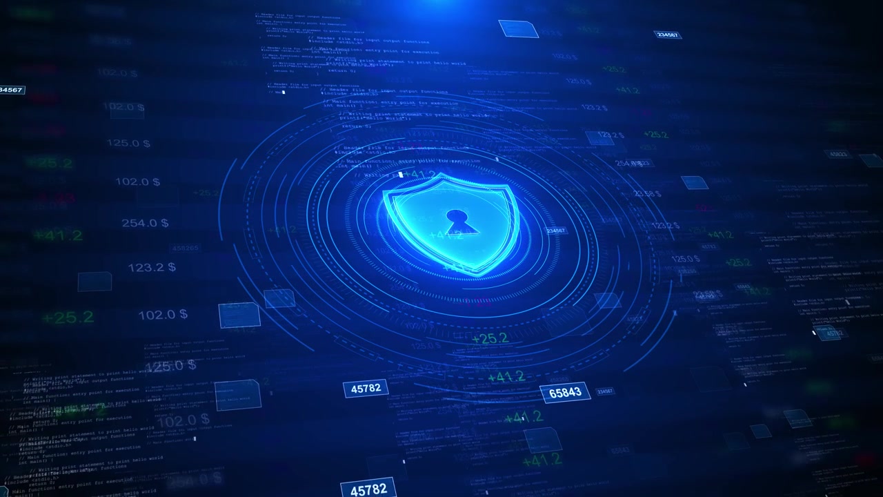 Interfaccia di sicurezza scudo cibernetico blu con anelli HUD luminosi, numeri finanziari di codice fluttuanti e spazio dati scuro.