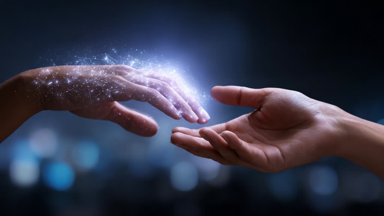 Two hands reaching toward each other amidst a backdrop of ethereal light and sparkle, symbolizing connection, unity, and the deep bond that transcends barriers in a mesmerizing visual representation