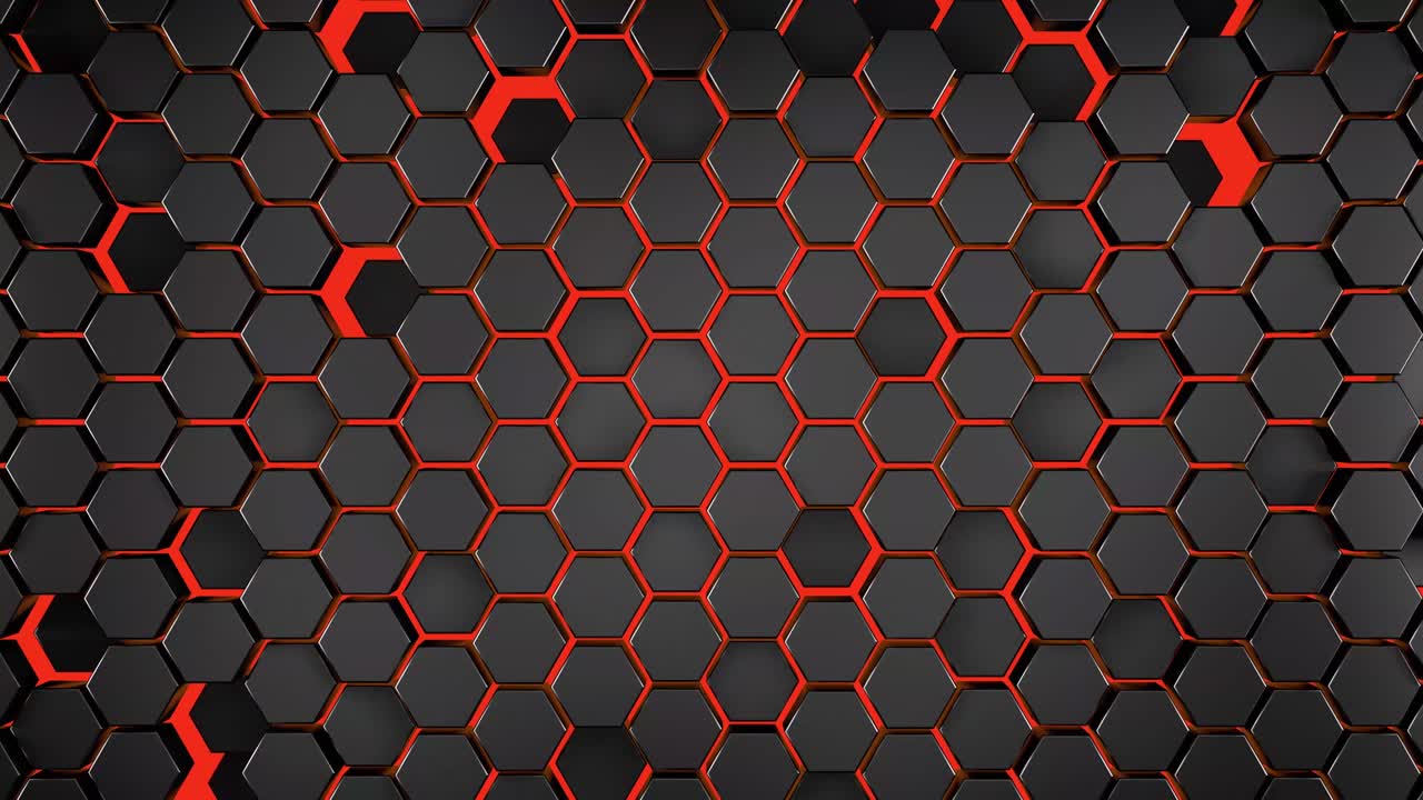 animación 3d de pared negra en movimiento con azulejos de patrón hexagonal con luz de neón roja en el fondo renderización 3d.