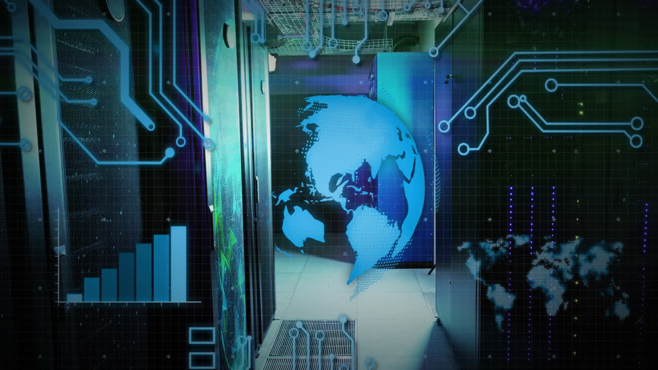 Animation of globe with circuit board and digital data processing over computer servers