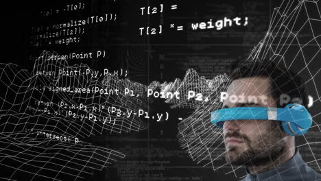 caucasian man wearing vr goggles against 3d mountain structures and data processing