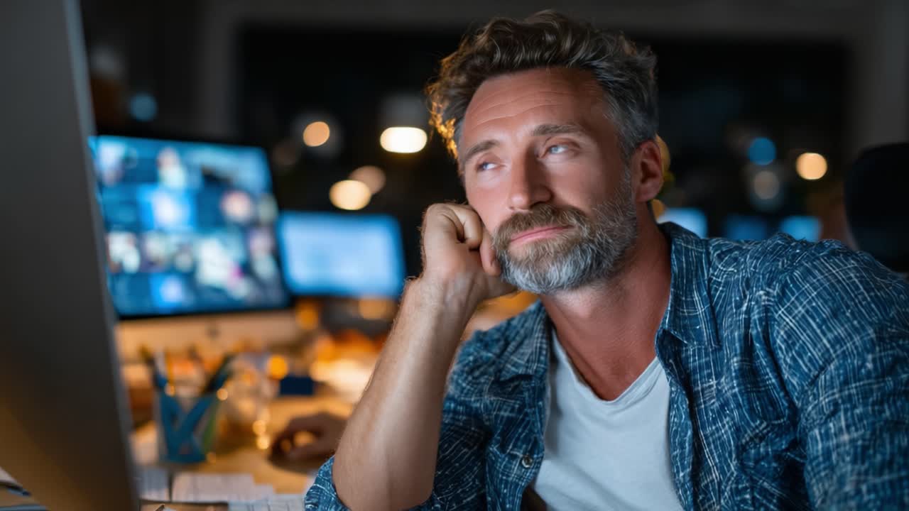 Contemplative Man in Front of Computer Screen: Exploring Ideas and Thoughts in a Creative Environment During Evening, Surrounded by Digital Displays