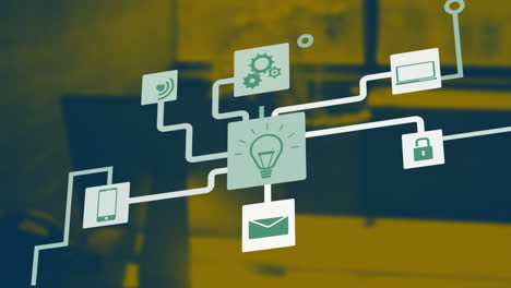 Animation of network of digital icons against office desk