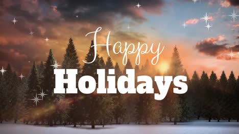 Animation-of-happy-holidays-text-banner-and-stars-icons-over-winter-landscape-against-sunset-sky
