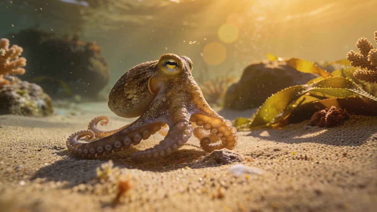 Un piccolo polpo si muove estendendo le braccia sul fondale sabbioso, testando il substrato mentre la luce del sole si intensifica.