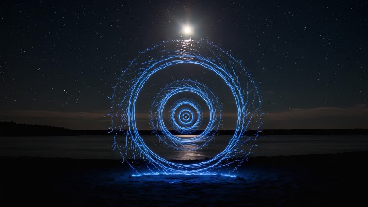 A Mesmerizing Display of Illuminated Circles Against a Starry Night Sky, Reflecting on Serene Waters Under the Glowing Moon