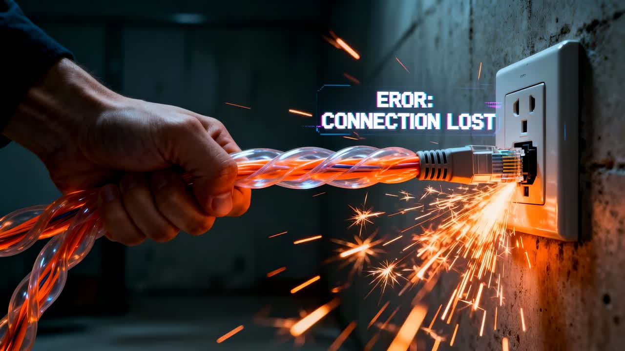 Pulling dark-sleeved hand gripping cable at outlet, RJ45 sparking, responding to error