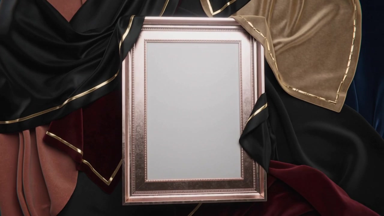 Ornate frame aligning upright while black drape lifting to reveal at studio set, with velvet drapes