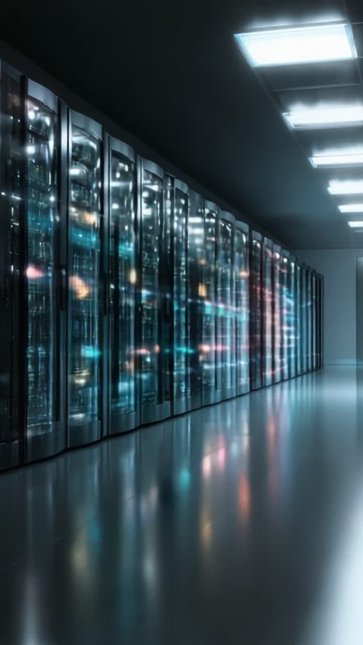 An Elegant Data Center with High-Tech Server Racks Illuminated by Vibrant Lights Showcasing Modern Storage Solutions in a Sleek Environment