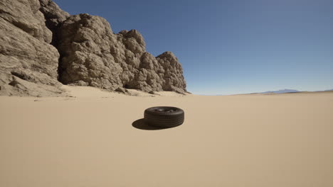 a single tire lies abandoned in a desolate desert landscape