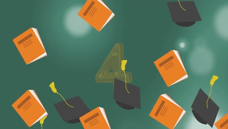 Animation-of-graduation-caps-and-books-over-numbers-and-light-spots-on-green-background