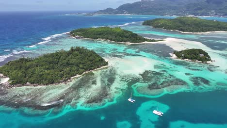 aerial view of tropical islands with turquoise ocean and boats