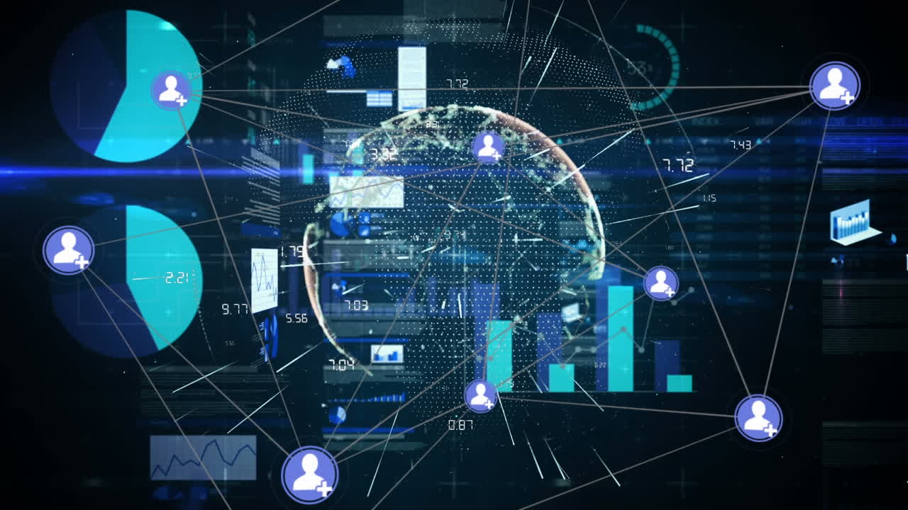 Animation of globe spinning with webs of connections and social icons with diagrams
