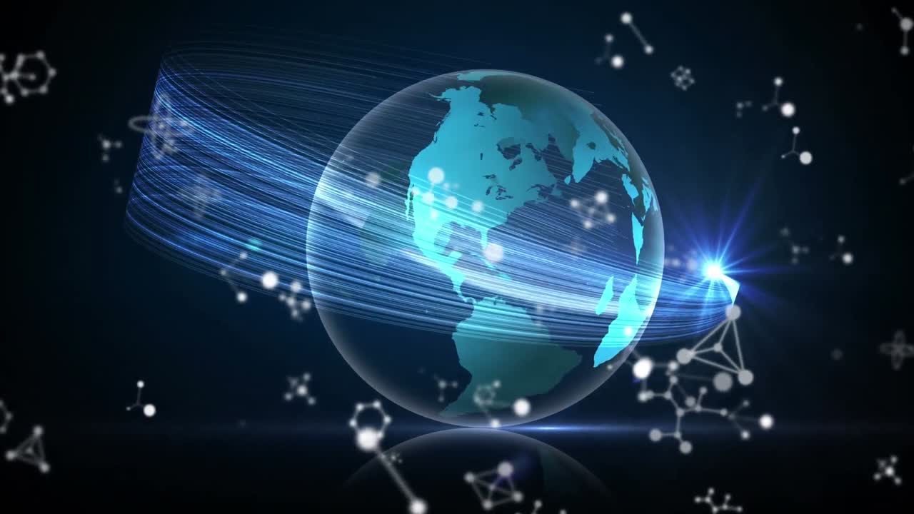 파란색 배경에 대한 회전하는 지구 위의 분자 구조와 빛의 흔적의 애니메이션