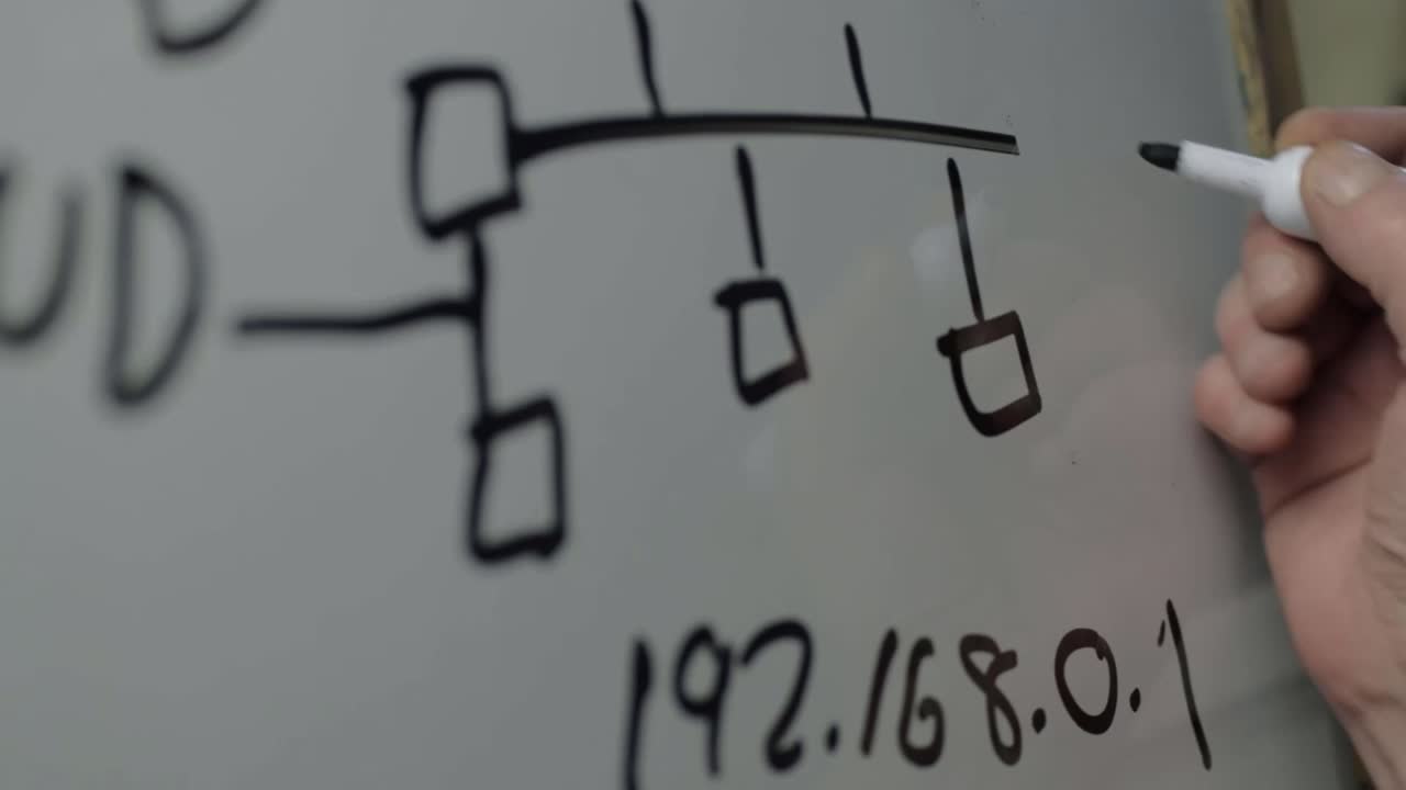 Hand designing computer network on whiteboard panning medium shot