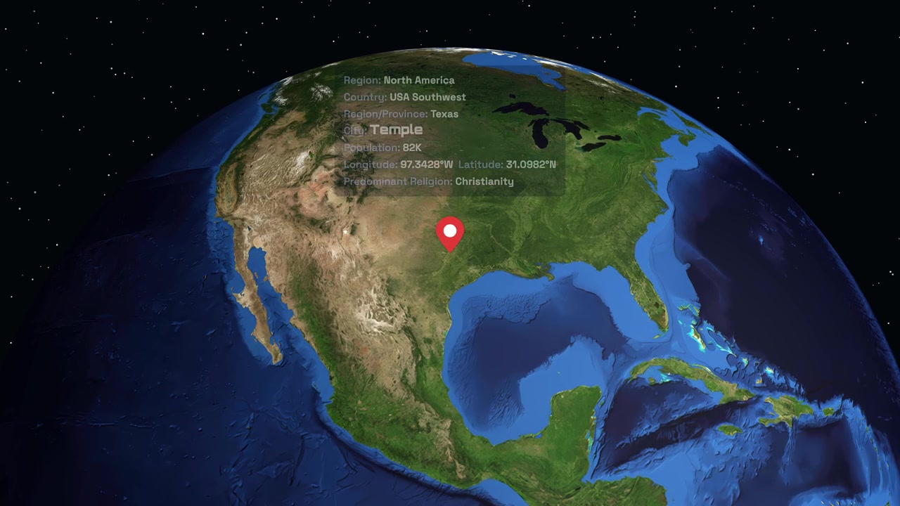 Un globo digital gira y hace zoom en Norteamérica, resaltando Temple, Texas con una superposición de texto informativo.