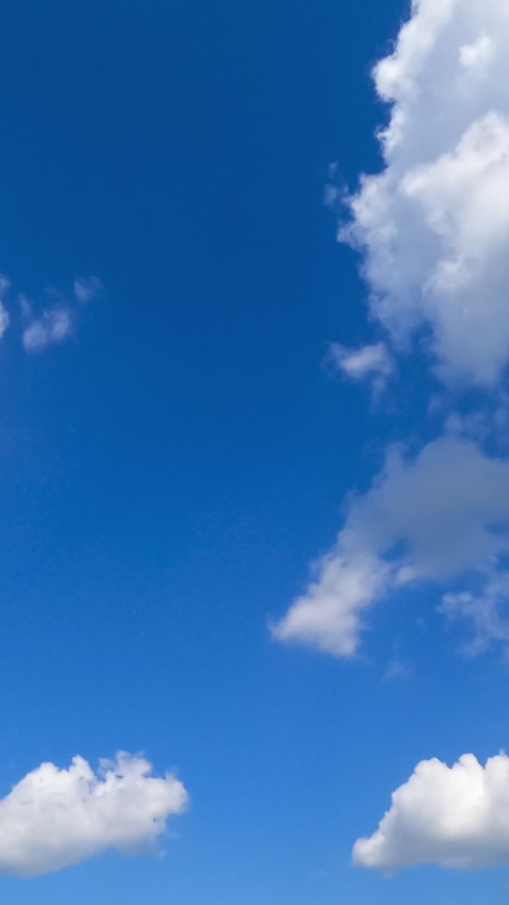 Cotton clouds transformation in the blue skies. Timelapse. Bright sunny day footage. Vertical video