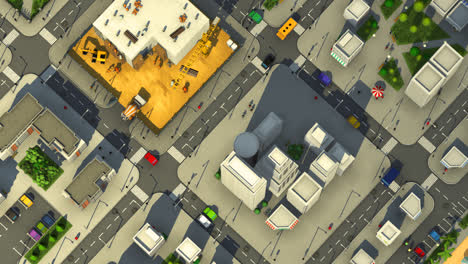 Low-Poly-3D-Animation-Des-Stadtlebens.-Stadtluftaufnahme-Des-Stadtblocks-Mit-Wolkenkratzern,-Büros,-Geschäften-Und-Autos,-Die-Auf-Den-Straßen-Fahren.-Menschen-Laufen-Auf-Den-Zebrastreifen.