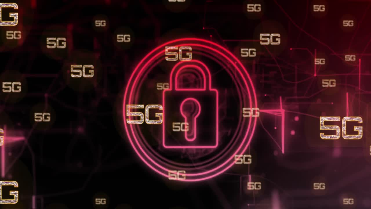 animación de múltiples pancartas de texto 5g y iconos de candados de seguridad y senderos de luz roja.