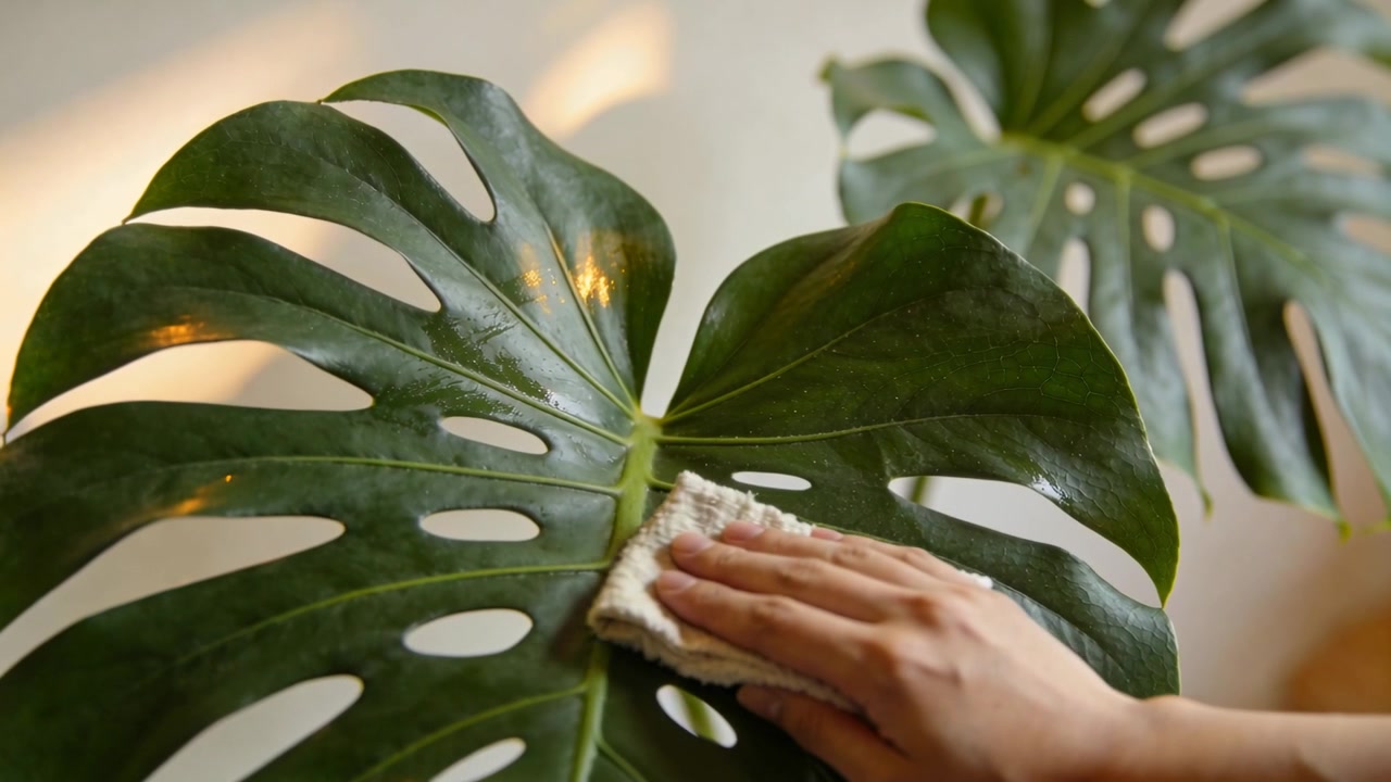 Una mano nuda che entra da destra, facendo scivolare un panno morbido su una foglia di Monstera vicino alla finestra, rimuovendo la polvere.