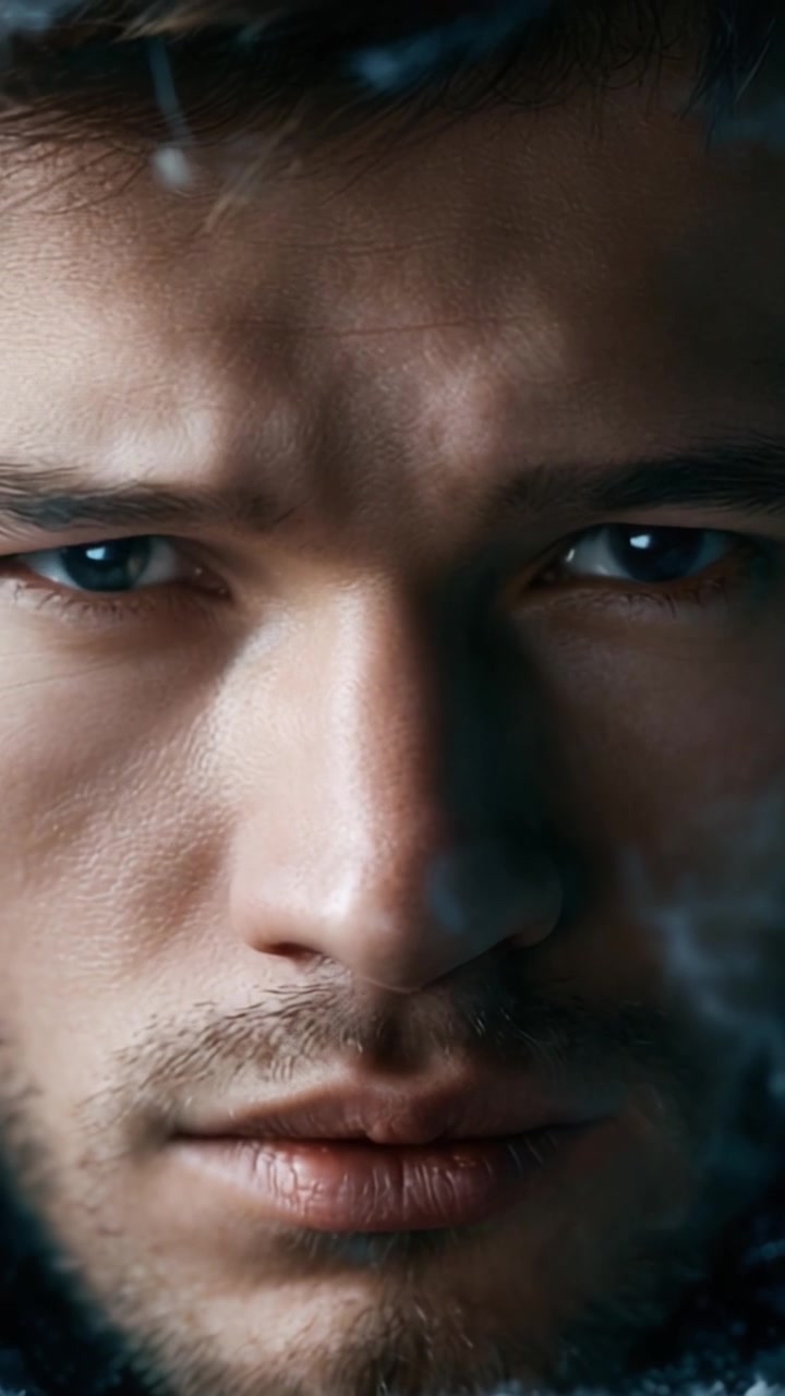 Intense Close-Up Portrait of a Young Man with Striking Eyes and Detailed Facial Features, Capturing Emotional Depth and Expression in a Dramatic Setting