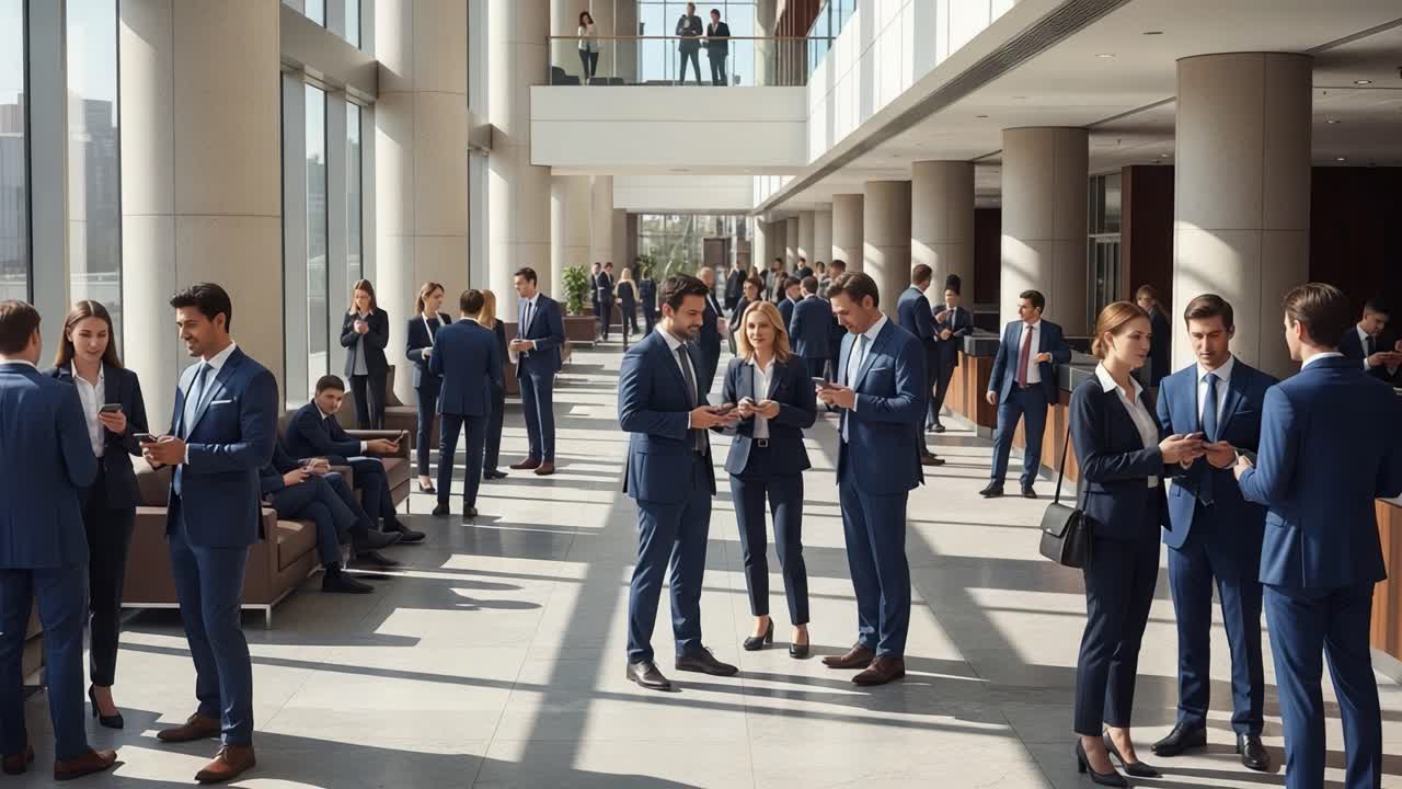 Business professionals gather in a modern office lobby or conference space