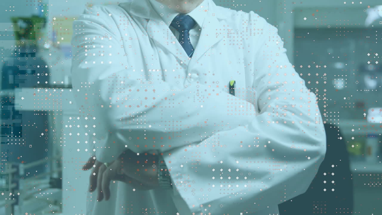 Scientist in lab coat with arms crossed over digital data animation