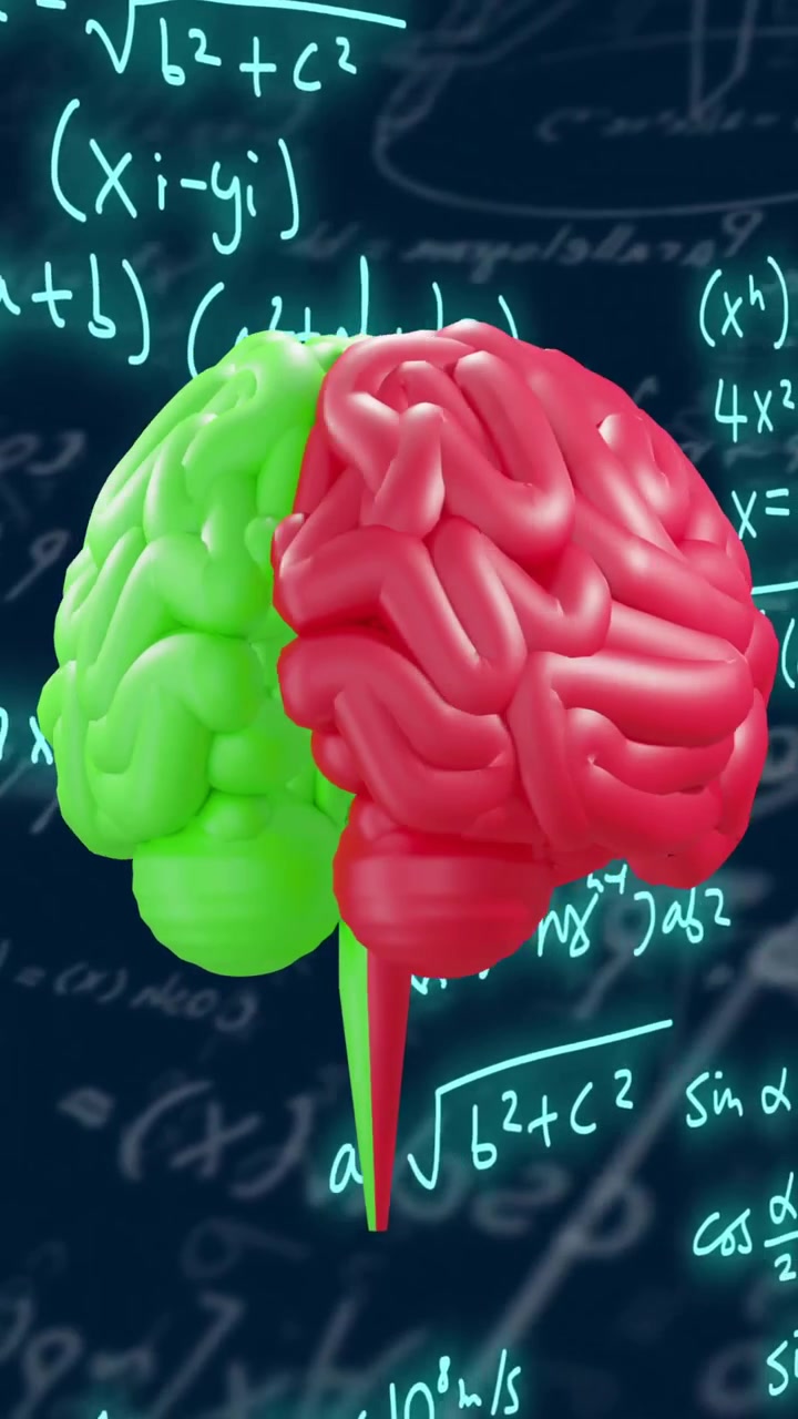 Brain model with mathematical equations animation over dark background