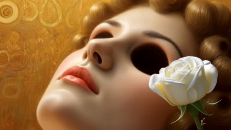 stylized woman's face with white rose against golden background