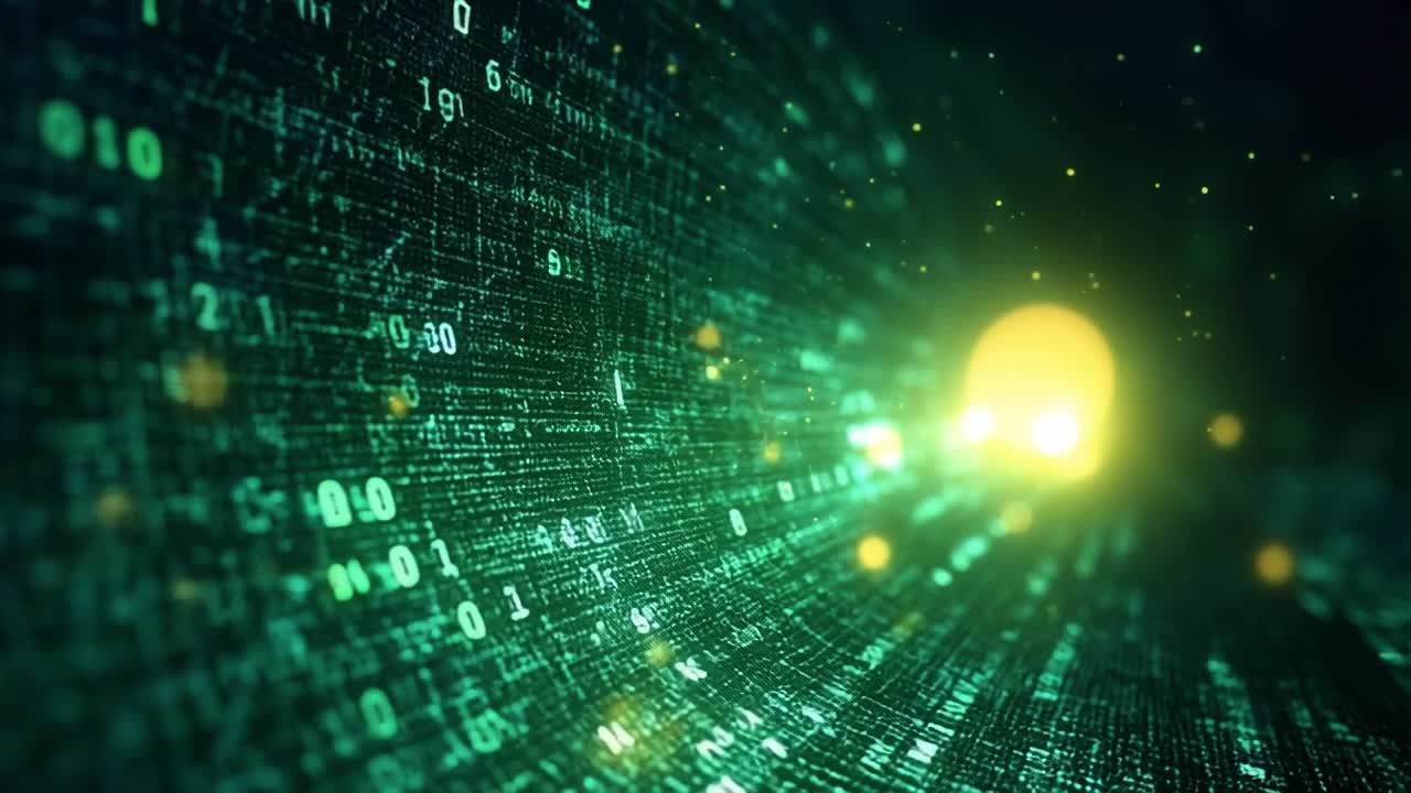 Digital data streams flow through space. Bright green binary code streams across a dark background, creating a mesmerizing effect as it illuminates the space.