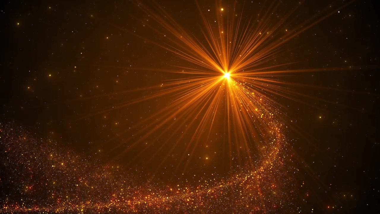 Un brillante bagliore dorato a stella si innalza sopra onde di glitter fluide e scintille calde, con un ricco movimento cinematografico