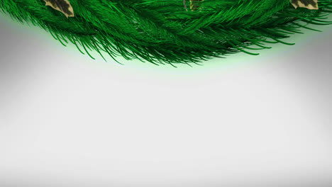 decorative with spruce branches, holly and red berries against grey background